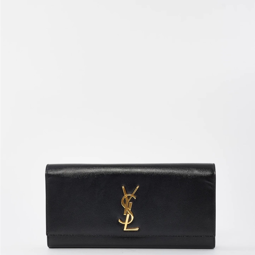 YSL Logo Embossed Clutch Black Grained Leather